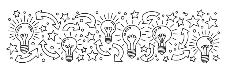 Hand drawn light bulbs with glowing lines and stars forming a decorative border. Creative concept for innovation, brainstorming, and continuous flow of new ideas