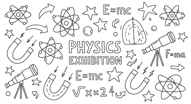 Hand drawn physics doodle collection for a science exhibition. Set of outline icons including atom, telescope, magnet and famous formulas for educational material