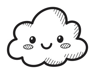 Naklejka premium Kawaii cloud mascot with a cute smiling face in a hand drawn style. Monochrome sketch of a happy weather character for children's decor, apparel or branding design