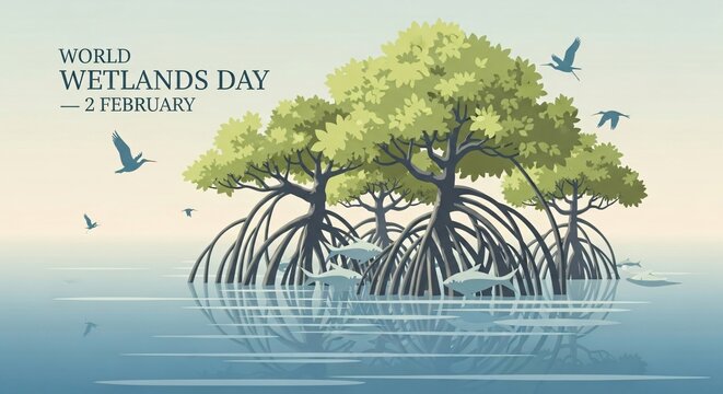 World Wetlands Day Illustration: A beautiful illustration celebrates World Wetlands Day with stylized mangrove trees rooted in serene water, accompanied by flying birds and swimming fishes.