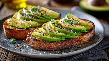 Two slices of toasted bread topped with sliced avocado, sprinkled with pepper and herbs, on a gray plate. The setting is rustic and appetizing generative ai