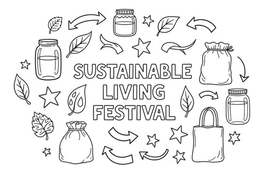 Sustainable living festival concept with hand drawn eco friendly icons. Zero waste doodle set with reusable jars, bags and recycling symbols for an environmental event