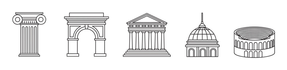 Fototapeta premium Ancient roman and greek architectural landmarks presented as a minimalist line art icon set. Ideal for history, travel, or educational design projects