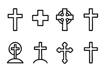 Set of eight hand-drawn cross icons in different styles. Perfect for religious, memorial, or medical designs. Simple line art, black and white.