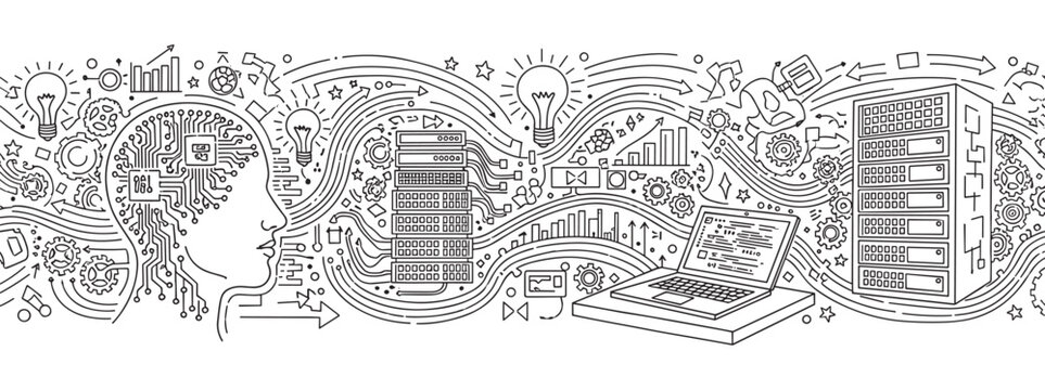 Artificial intelligence concept featuring a human head silhouette and circuit board. Data processing network with server racks, laptop, and lightbulbs. Digital technology and innovation