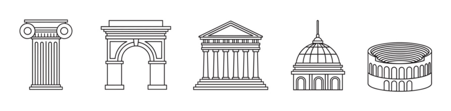 Naklejki Ancient roman and greek architectural landmarks presented as a minimalist line art icon set. Ideal for history, travel, or educational design projects