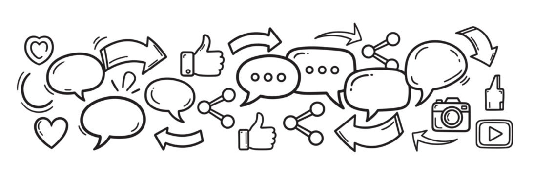 Hand drawn social media icons set for communication. Doodle collection of like, share, comment, and heart symbols for online engagement and digital marketing concepts - Powered by Adobe