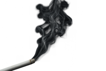 Cigarette burning with dark smoke emitting, symbolizing addiction, unhealthy habits, and nicotine dangers on transparent background