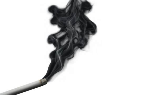 Cigarette burning with dark smoke emitting, symbolizing addiction, unhealthy habits, and nicotine dangers on transparent background