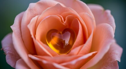 Close up of a pink rose with a heart shaped dewdrop in the center