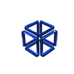 Abstract 3D blue glowing cube structure composed of six interconnected pyramid faces