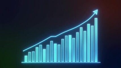 Futuristic glowing blue bar chart with upward arrow on dark background, digital business graph showing financial growth, success, and positive market trend, modern holographic data visualization - Powered by Adobe