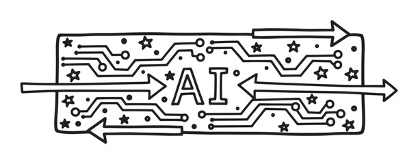 Obraz premium Hand drawn artificial intelligence concept with a circuit board design. Creative doodle of data processing, machine learning and futuristic technology. Monochrome sketch for innovation