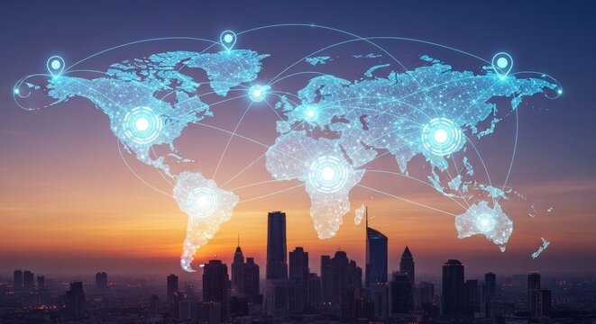 Global Network Illustration, Futuristic World Map with Glowing Connections Over a Modern City Skyline at Sunset