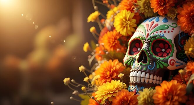 Decorated sugar skull amidst vibrant marigold flowers for day of the dead celebration