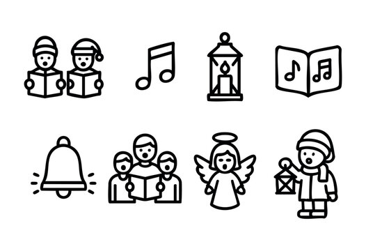 A set of eight line art icons depicting traditional Christmas themes: carolers, musical notes, a lantern, a hymn book, a bell, an angel, and children carrying lanterns. 