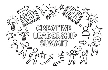 Creative leadership summit concept with doodle icons for innovation and learning. Business conference graphic for professional development, teamwork, and brainstorming new ideas