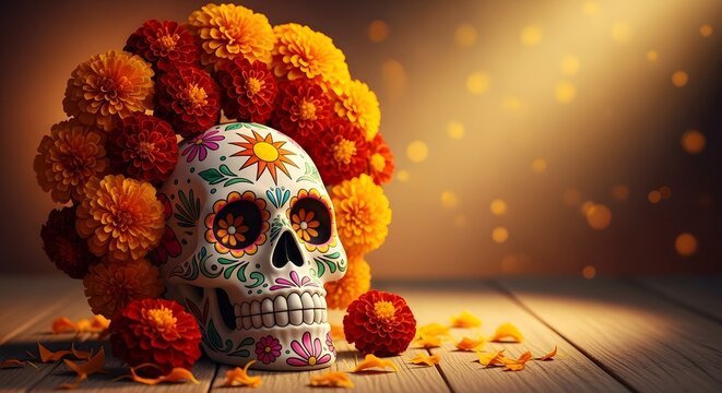 Decorated sugar skull surrounded by vibrant marigolds for day of the dead celebration - Powered by Adobe