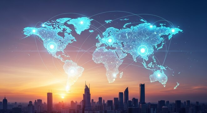 Global Network Illustration, Futuristic World Map with Glowing Connections Over a Modern City Skyline at Sunset