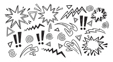 Dynamic hand drawn doodle elements for creative projects. Includes comic style speech bubbles, zigzag lines, and swirl shapes. Expressive set of cartoon symbols