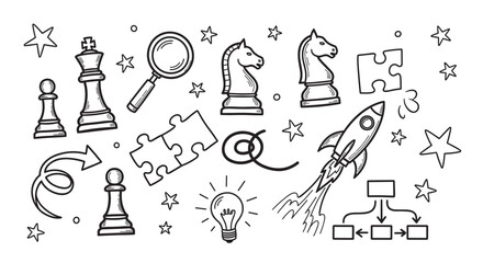 Obraz premium Set of hand drawn business icons representing strategy, planning, and creative ideas. Doodle elements like chess, rocket ship, puzzle, and lightbulb for startup and growth concepts