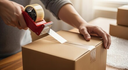 Hands Sealing a Cardboard Box with Clear Packing Tape ,Moving and Shipping Concept