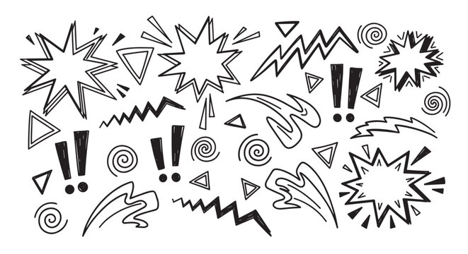 Dynamic hand drawn doodle elements for creative projects. Includes comic style speech bubbles, zigzag lines, and swirl shapes. Expressive set of cartoon symbols