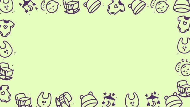 Doodle baby drawings border on light green background. Suitable for baby shower invites, nursery decor, baby products, and childthemed designs.