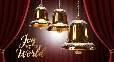 Joy to the world text effect with golden christmas bell and red curtain on a dark background illustration