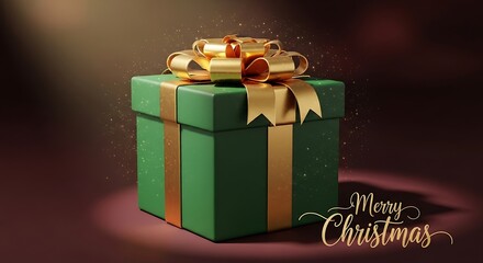 A green christmas present with a gold ribbon and bow sits under a spotlight with merry christmas text