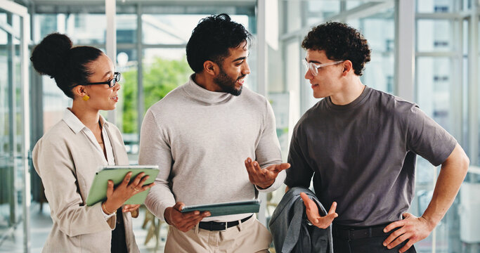 Happy, team or discussion with tablet in business for trading profit, market interest or price target. Trader, people and tech in office for portfolio performance, risk management and stocks feedback