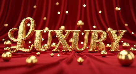 The word luxury in gold lettering on a red velvet background with gold balls scattered around it is very elegant