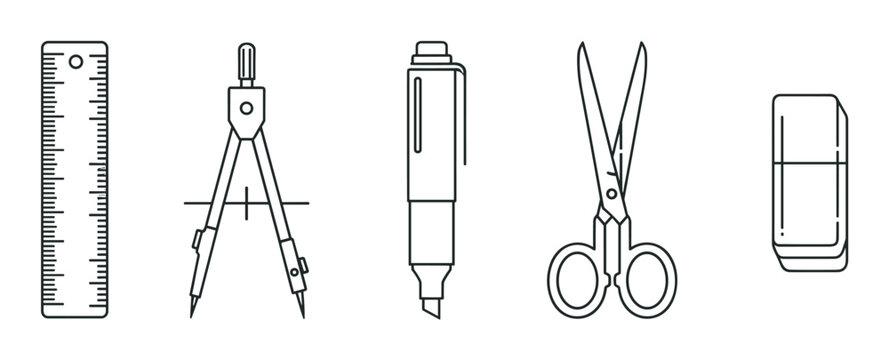 Set of school and office supply line icons for creative projects. Ruler, drawing compass, marker, scissors and eraser for education, learning and back to school concepts