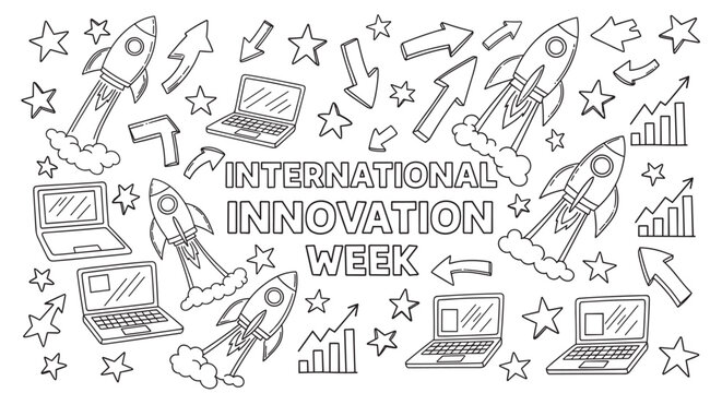 International innovation week banner with doodle style elements. Hand drawn rockets, laptops, and growth charts symbolize startup success and business development