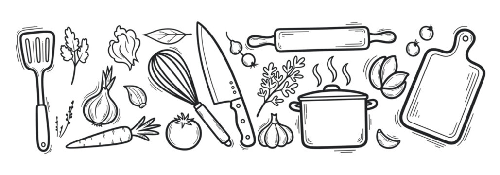 Hand drawn collection of kitchen utensils and fresh vegetables for cooking. Doodle style banner with food ingredients and cookware elements for a restaurant menu or recipe book