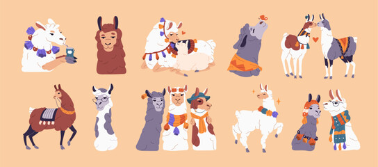 Obraz premium Set of cute alpacas. Llamas with happy muzzles, fashion clothes and scarves. Adorable mother and baby lama kiss and love. Funny animals characters of Peru. Flat isolated vector illustrations