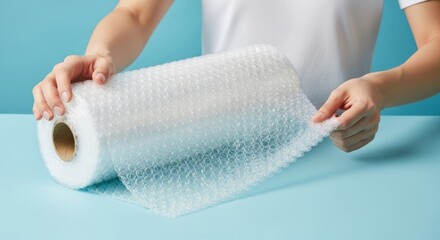 Hands Unrolling Bubble Wrap on a Light Blue Background ,Minimalist Studio Concept