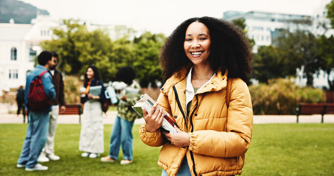 College, portrait or girl on campus with books, knowledge or scholarship in study opportunity. Confident, university or student outdoor with textbooks, higher education or pride in academic course.