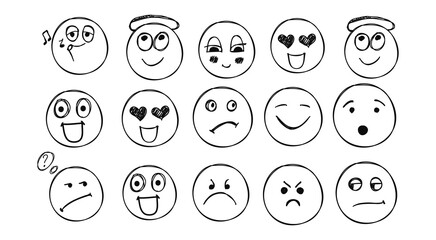 Hand drawn vector happy face emoticons with hearts doodle sketch style cute funny emoji icons positive emotions happiness