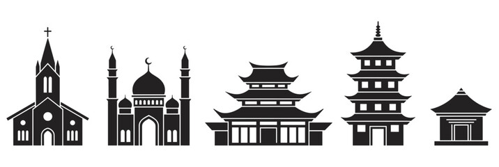 Collection of world religious buildings and cultural architecture icons. Set includes a church, mosque, pagoda, and asian temples for faith and travel concepts