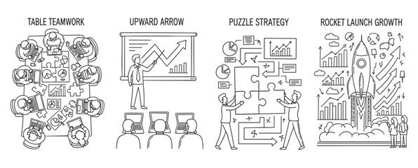 Obraz premium Business concept icons in a hand drawn style showing teamwork and project strategy. Doodle collection with a rocket launch for growth and people solving a puzzle for solutions