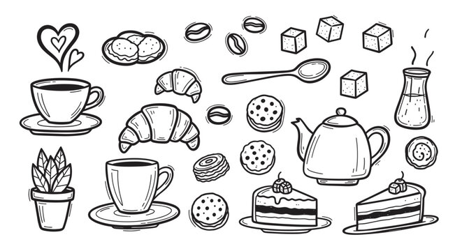 Hand drawn coffee shop doodle collection with breakfast and dessert items. Sketch style icons of cups, cake, and croissants for cafe menu design or bakery branding - Powered by Adobe