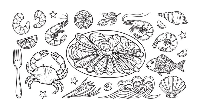 Hand drawn seafood collection featuring fresh oysters, shrimp, and crab. Ideal for restaurant menus, culinary designs, and gourmet food themes. Outline style elements