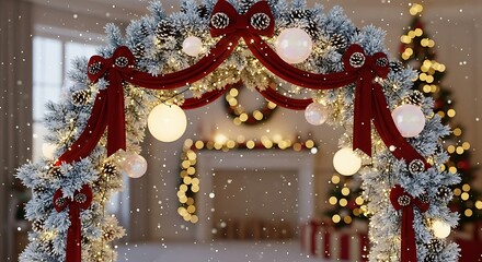 Festive christmas archway adorned with lights, ribbons, and ornaments, creating a warm and inviting holiday atmosphere