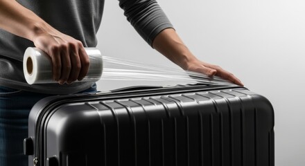 Hands Wrapping a Dark Suitcase with Clear Plastic Stretch Wrap, Travel Protection Concept