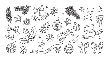 Obraz premium Hand drawn christmas elements collection in a doodle sketch style. Featuring festive decorations like pine branches, baubles, and bows for holiday greeting cards and invitations
