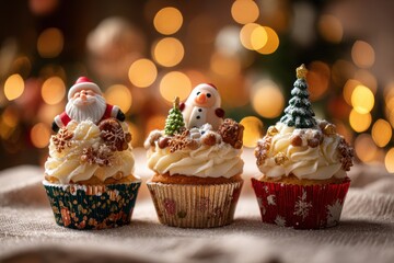 Festive cupcakes decorated with Santa, snowman, and Christmas tree toppers, surrounded by warm glowing holiday lights creating a cozy cheerful atmosphere