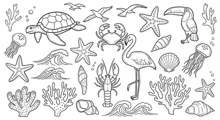 Obraz premium Collection of hand drawn sea animals and tropical birds in a doodle style. Outline icons of marine life like turtle, crab, and flamingo for coloring book pages