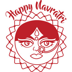 Happy Navratri Celebration Illustration Red Goddess Face Surrounded By Sunrays And Festive Text