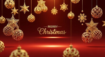 A festive christmas background with golden ornaments, stars, and snowflakes hanging against a red backdrop with merry christmas text